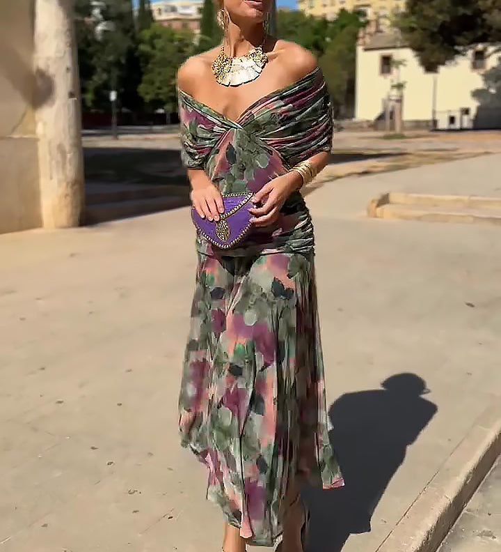 Louise | Elegants Maxi Svārku Kleita ar V-veida kakla izgriezumu
